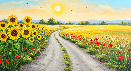 Scenic country road lined with vibrant sunflowers and poppies under a brilliant sun, perfect for tv frame, wall art, and wallpaper decor