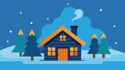 Cozy log cabin nestled in snowy woods warm fire glowing from windows vector illustration