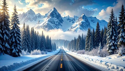 Winter Road Trip Through a Snowy Mountain Pass.