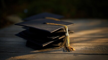 Graduation caps are neatly stacked on a rustic wooden surface, symbolizing academic success and completion of studies. The warm light adds a celebratory touch to the scene