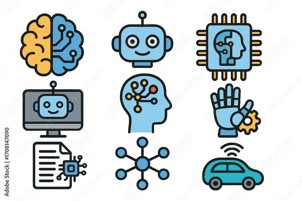 Poster artificial intelligence line icon set. machine learning, robot, neural network, chatbot, automation,