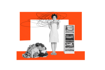 Composite trend collage of monochrome housewife pinup style hairdo young lady stand room pile dirty clothes laundry mess depression tired