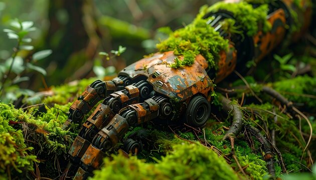 Mosscovered rusty robot hand in lush green forest floor. Suitable for scifi, technology, naturethemed projects, and futuristic concepts.