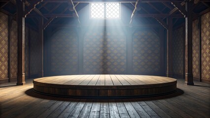 Empty wooden stage with dramatic spotlight and textured backdrop
