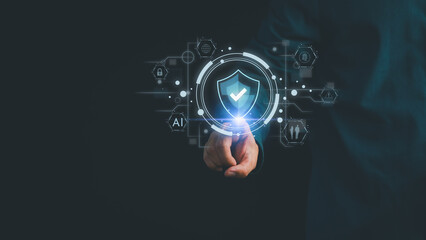 Businessman hand touching digital shield with check mark, representing cybersecurity, data...