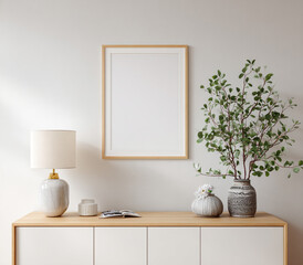 Elegant living room interior with blank frame mockup and minimalist decor