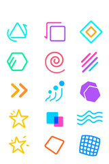 Dynamic Geometry icons in modern flat vector style in minimalistic vibrant color design: spinning triangle, rotating square, shifting diamond, layered