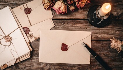Nostalgic still life with forgotten letters, aged paper, wax seals, fountain pens, dried roses, and candles. Romantic and mysterious atmosphere with soft shadows, vintage tones, and storytelling appea