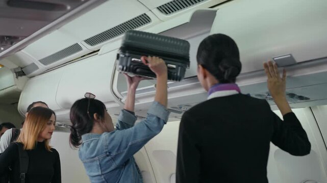 Group of passengers boarding the airplane and storing luggage in the overhead compartment, representing travel routine, transportation, and tourism lifestyle.