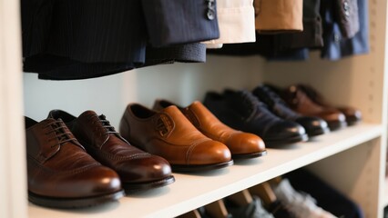 Leather shoes standing shelf in rich wardrobe closeup. Male footwear in closet