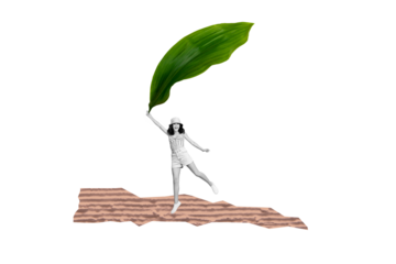 Collage young woman flora environment green leaf botanical plant leisure happy carefree positive mood lightness drawing background