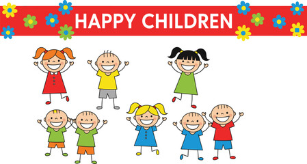 Happy cartoon children illustration with colorful outfits, smiling faces, flower banner, joyful expressions, and playful celebration of childhood fun