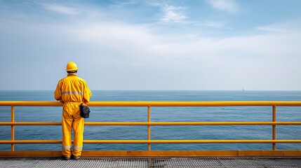 A seafarer in a yellow uniform stands on a platform overlooking the ocean, with a clear blue sky above.