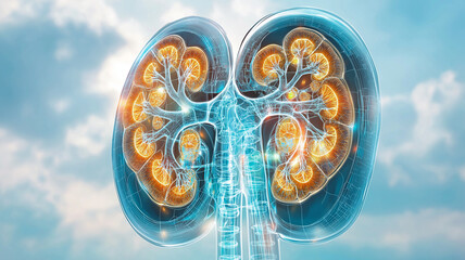 Obraz premium Digital illustration of neon glowing kidney cross section showcases intricate anatomical details against sky background, highlighting complex structure and function of organ
