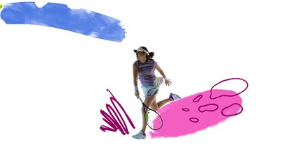 Loop animation. Female tennis player hitting forehand with ball trail and abstract pink design. Concept of sports branding, dynamic energy, fitness advertising, athletic lifestyle, and motion graphics