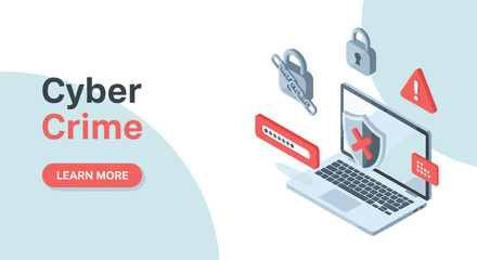 Cyber crime awareness illustration, laptop security breach, malware alert, password hacking, digital threat icons, cartoon-style vector for online safety © Vex flow