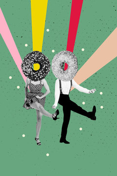 Naklejki Creative design composite trend artwork collage of donut food head lady man body dance funny couple weekend carefree night party occasion