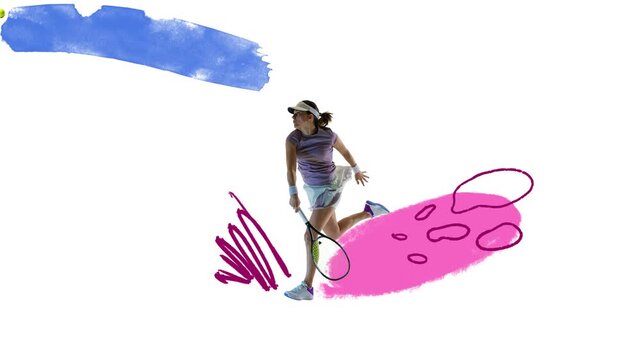 Loop animation. Female tennis player hitting forehand with ball trail and abstract pink design. Concept of sports branding, dynamic energy, fitness advertising, athletic lifestyle, and motion graphics - Powered by Adobe