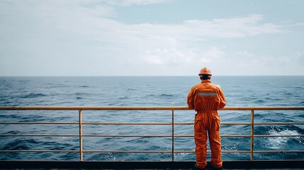 A seafarer in orange uniform stands on the deck of a ship, gazing out at the vast ocean.