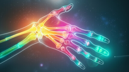 Futuristic neon illustration of hand bones, showcasing vibrant colors and intricate anatomy against cosmic background, evokes sense of wonder and innovation