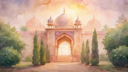 Obraz premium Ornate sandstone archway entrance to a majestic palace with gardens and golden light