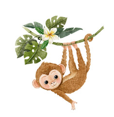 Watercolor illustration of cartoon monkey hanging on liana with green leaves and flowers, hand drawn for children's design