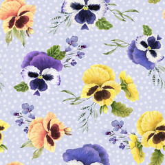 Seamless pattern with watercolor violet flowers on a blue background hand painted. Suitable for textiles, wallpapers