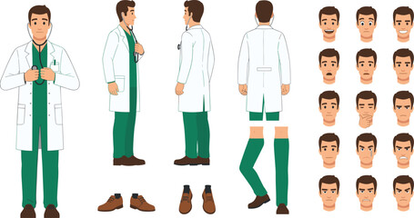 Male Doctor Character Design Sheet with Lab Coat, Facial Expressions, Multiple Views, and Outfit Details for Medical Animation Projects