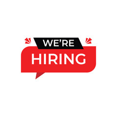 Modern red and black speech bubble with text We’re Hiring. Perfect design for job vacancy, recruitment, career opportunity, HR announcement, and employment advertisement templates.