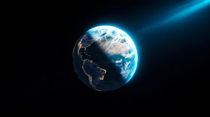 Photorealistic Earth from space, centered, detailed textures, black background