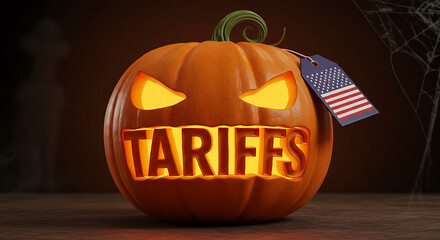 Spooky Halloween tariff: A creatively carved pumpkin with illuminated Tariffs, is a symbolic depiction of economic themes for festive season.