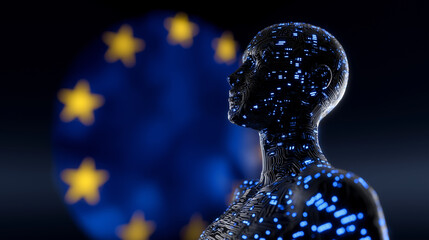 Digital human figure with glowing blue dots in front of EU flag stars. 
