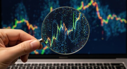 Magnifying glass examining stock market data on a laptop screen.