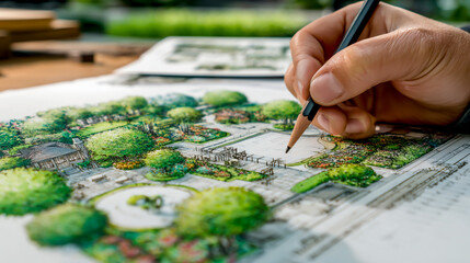 A landscape architect is drawing the layout of an outdoor garden