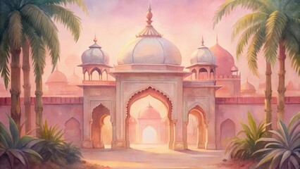 Naklejka premium Ornate arched gateway with intricate carvings and tropical palm trees at sunset