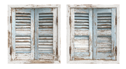 Two light-blue weathered wooden shutters