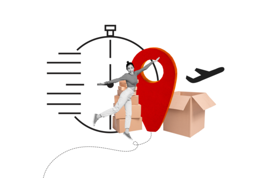 Composite photo collage of happy girl stand pile carton box parcel geometric plane postal destination timer isolated on painted background - Powered by Adobe