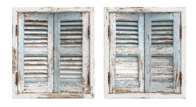 Two light-blue weathered wooden shutters