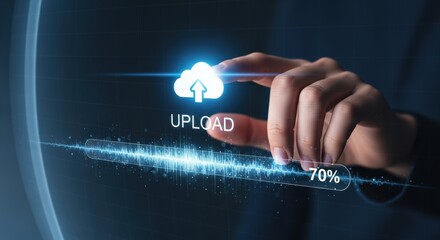 Hand touching upload icon with progress bar on virtual screen.