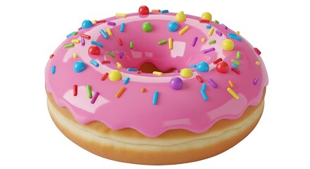 A delicious pink frosted donut with colorful sprinkles isolated on white background