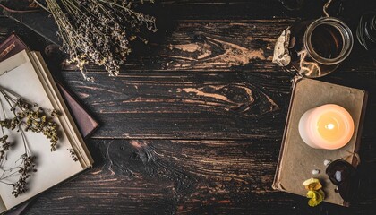 Atmospheric still life inspired by dark academia and herbal apothecaries. Flat lays of old books, handwritten notes, dried herbs, glass jars, and candles arranged on rustic wooden tables. Moody 