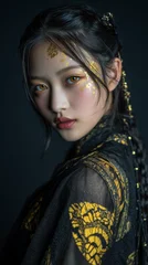 Papier peint photo  Beautiful Korean woman with artistic makeup posing against a dark background in a stylish outfit  © Daniil