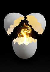 Cracked Egg With Golden Light on Black Background