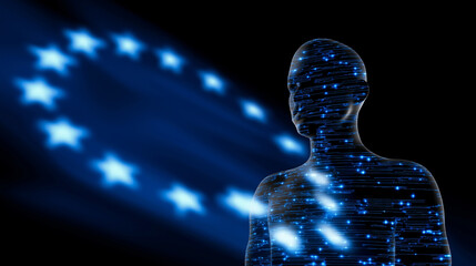 Digital human figure with glowing blue dots in front of EU flag stars. 
