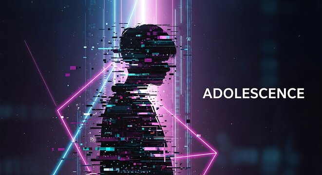 A glitching digital silhouette of a person represents adolescence amid futuristic pink and blue neon lights.