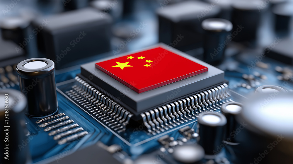 Poster close-up of computer chip with chinese flag printed on processor.