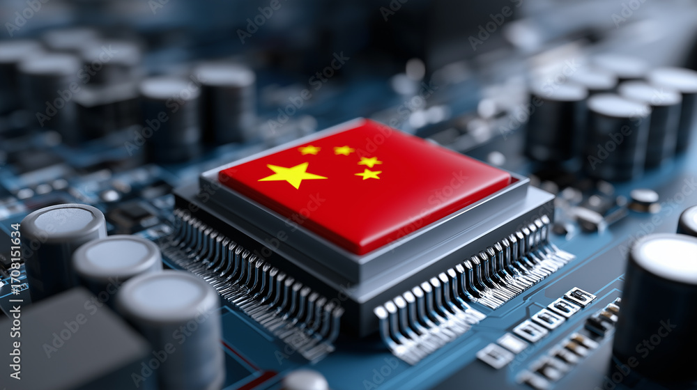 Poster close-up of computer chip with chinese flag printed on processor.