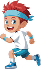 Cartoon child running, sporty boy illustration, vector art, athletic outfit, cheerful expression, blue headband, fitness theme, energetic pose, healthy lifestyle © Atik World