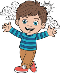 Cartoon child smiling, happy boy illustration, playful kid character, striped shirt, red sneakers, vector art, sun, clouds, mountains background
