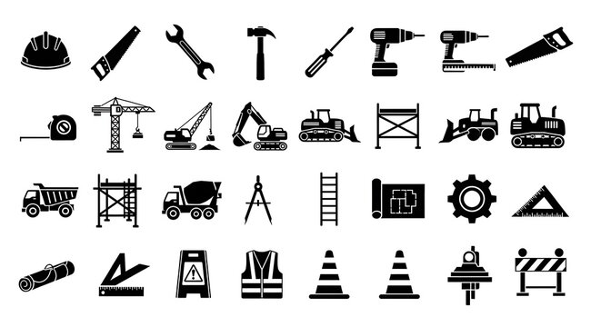 Collection of black and white construction icons, showcasing a range of tools, equipment, and safety elements.  The simple, clean designs effectively communicate each item's purpose.